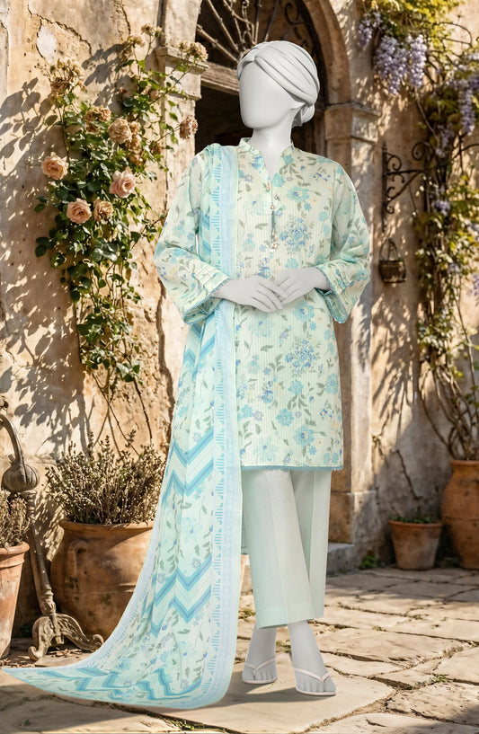 Mtj 3 PIECE PRINTED TEXTURED LAWN SUIT - Green (UNSTITCHED)