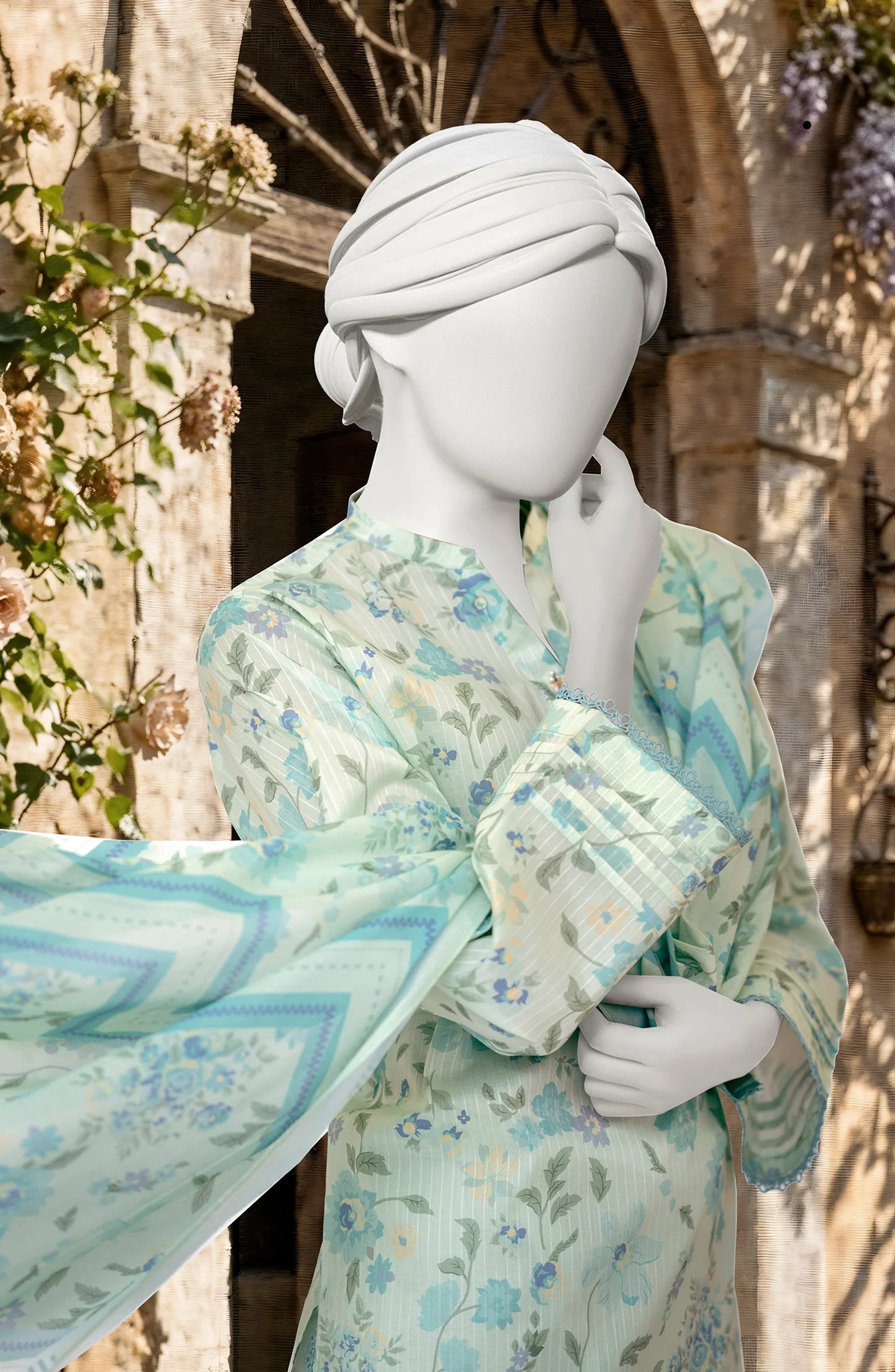 Mtj 3 PIECE PRINTED TEXTURED LAWN SUIT - Green (UNSTITCHED)