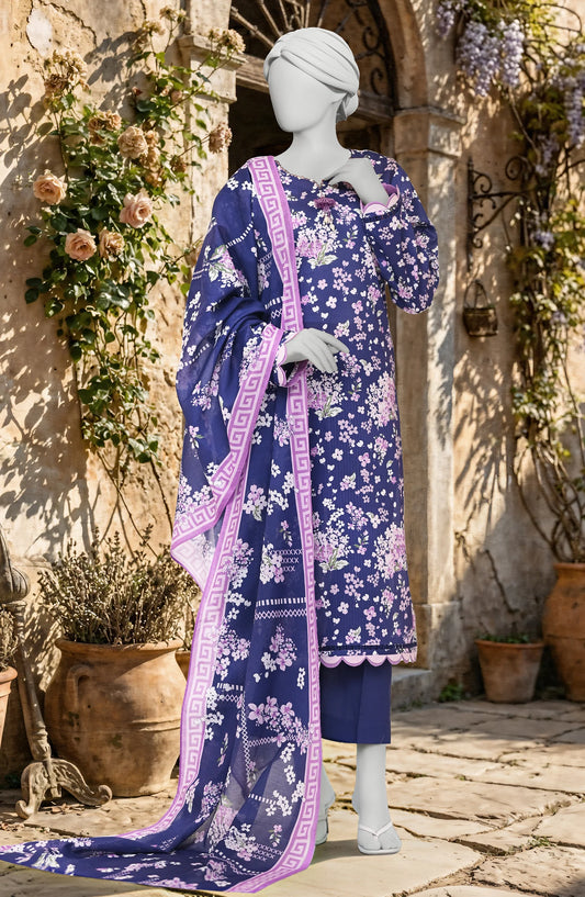 Mtj 3 PIECE PRINTED TEXTURED LAWN SUIT - Blue (UNSTITCHED)
