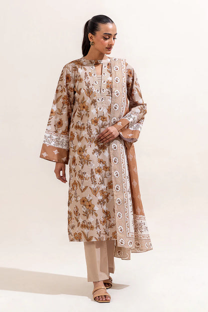 BeechTree 3 PIECE PRINTED LAWN SUIT-PRISTINE BEIGE (UNSTITCHED)