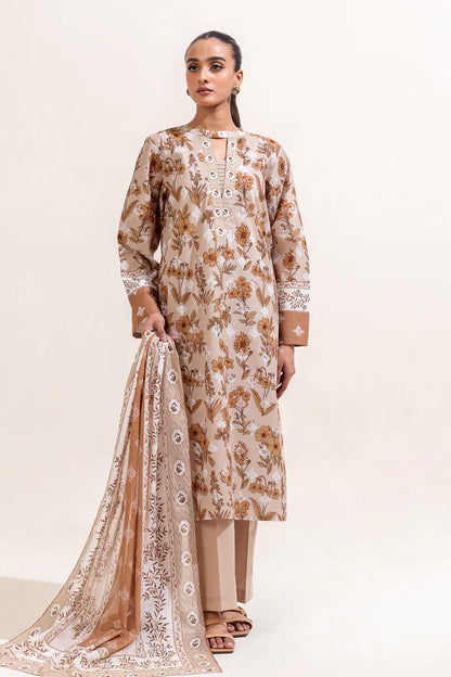 BeechTree 3 PIECE PRINTED LAWN SUIT-PRISTINE BEIGE (UNSTITCHED)