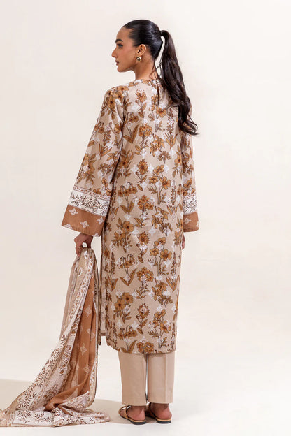 BeechTree 3 PIECE PRINTED LAWN SUIT-PRISTINE BEIGE (UNSTITCHED)