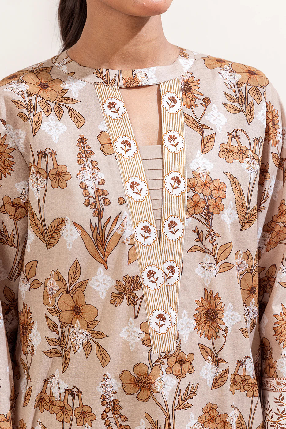 BeechTree 3 PIECE PRINTED LAWN SUIT-PRISTINE BEIGE (UNSTITCHED)