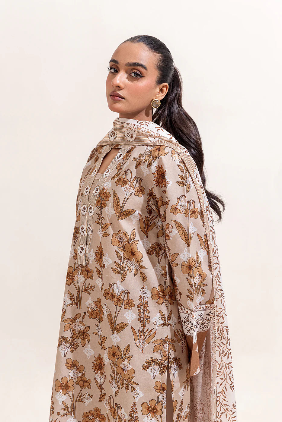 BeechTree 3 PIECE PRINTED LAWN SUIT-PRISTINE BEIGE (UNSTITCHED)