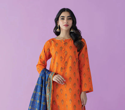 Orient 3 PIECE PRINTED LAWN SUIT- Orange (UNSTITCHED)