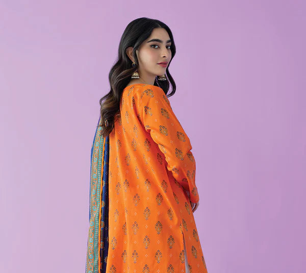Orient 3 PIECE PRINTED LAWN SUIT- Orange (UNSTITCHED)