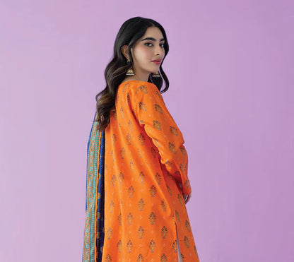 Orient 3 PIECE PRINTED LAWN SUIT- Orange (UNSTITCHED)