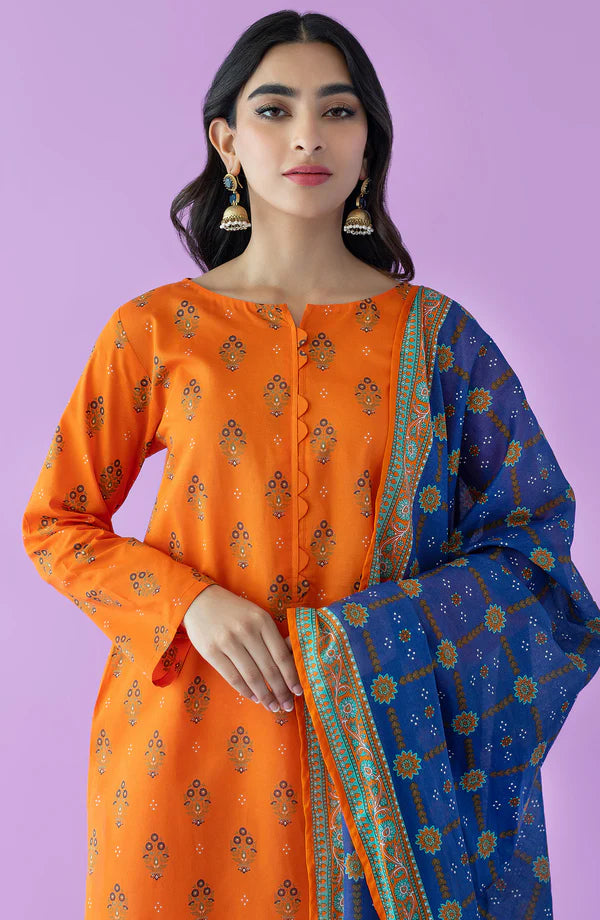 Orient 3 PIECE PRINTED LAWN SUIT- Orange (UNSTITCHED)