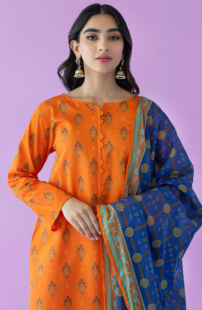 Orient 3 PIECE PRINTED LAWN SUIT- Orange (UNSTITCHED)