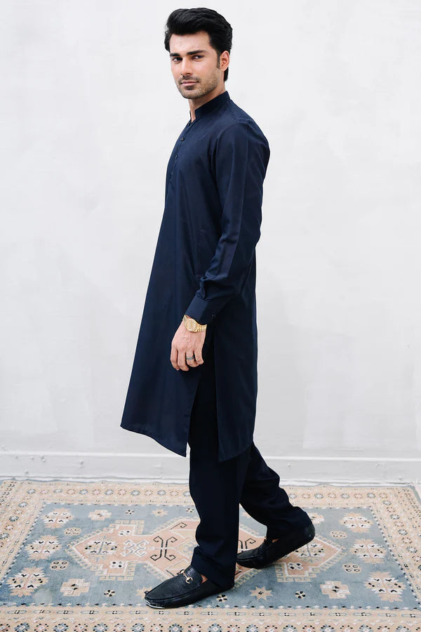 Navy Blue Zellbury Mens Wash and Wear unstitched suit worn by a model showcasing a sharp tailored fit for Summer 2026.