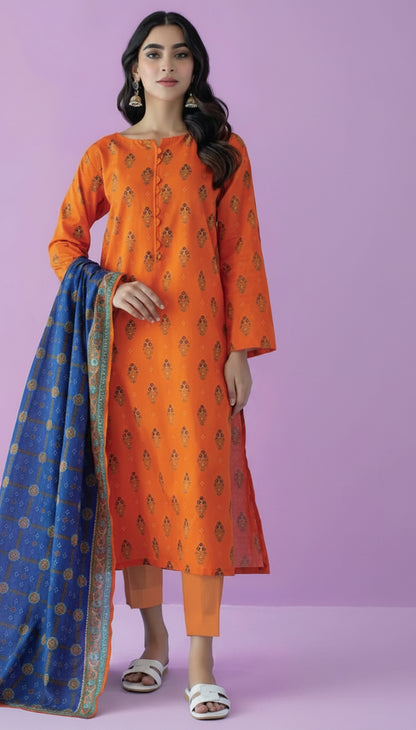 Orient 3 PIECE PRINTED LAWN SUIT- Orange (UNSTITCHED)