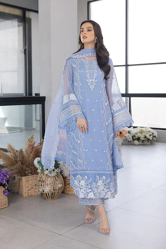 Azure Chiffon  Embroidered - Ice Blue 3-Pc | Replica
