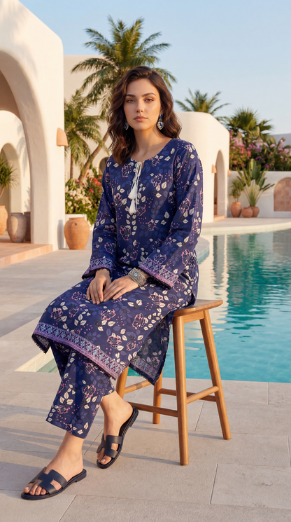 Blue - Elaya 2pc Unstitched Lawn Suit