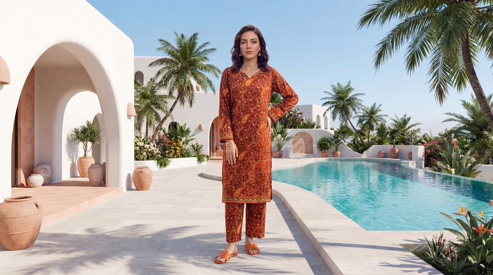 Rust - Elaya 2pc Unstitched Lawn Suit