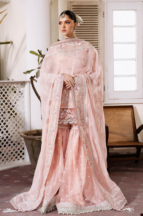 Full front shot of the Imrozia Muse Luxury Chiffon Pink replica showcasing the pearl-and-stone round neckline and scalloped daman border.