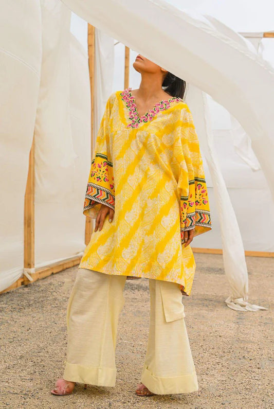 Mizaj 1pc Unstitched Khaddar Shirt | Yellow