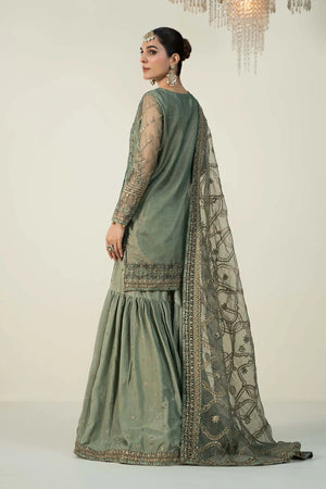 Full front shot of the Maria B Organza Embroidered Gharara Pistachio replica showcasing the cutwork and neckline embroidery.