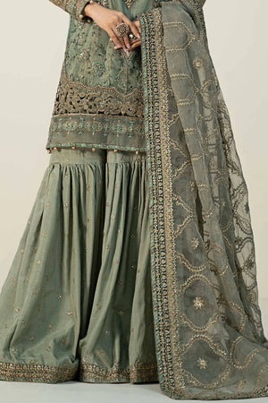 Full front shot of the Maria B Organza Embroidered Gharara Pistachio replica showcasing the cutwork and neckline embroidery.
