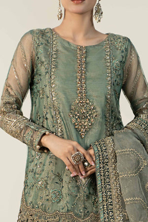Full front shot of the Maria B Organza Embroidered Gharara Pistachio replica showcasing the cutwork and neckline embroidery.