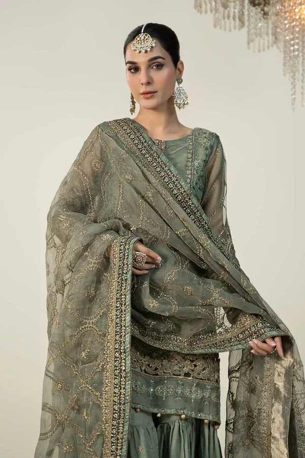 Full front shot of the Maria B Organza Embroidered Gharara Pistachio replica showcasing the cutwork and neckline embroidery.