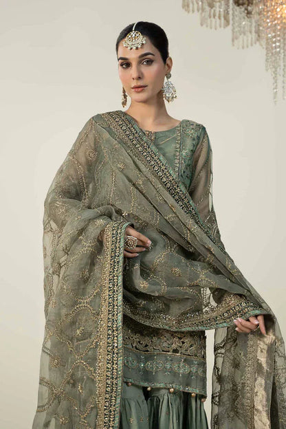 Full front shot of the Maria B Organza Embroidered Gharara Pistachio replica showcasing the cutwork and neckline embroidery.