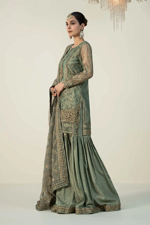Full front shot of the Maria B Organza Embroidered Gharara Pistachio replica showcasing the cutwork and neckline embroidery.
