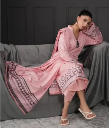 Baby Pink Regalia Jacquard Viscose 3pc suit worn by model showcasing luxury unstitched tailoring.