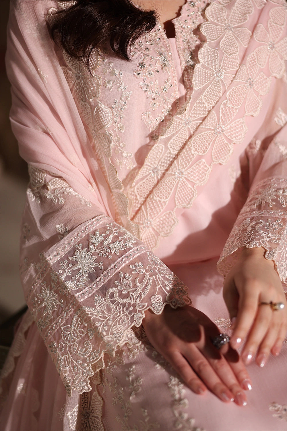 Azure Twirling Tulip Embroidered Chiffon - Peach 3pc (Replica)