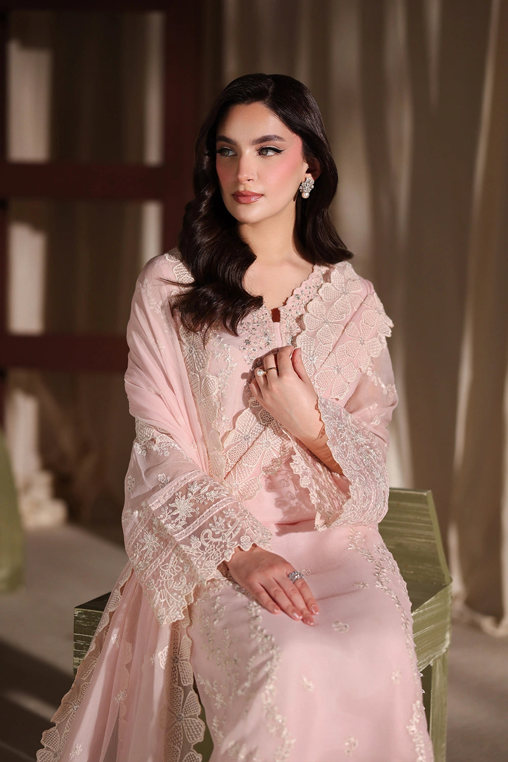 Azure Twirling Tulip Embroidered Chiffon - Peach 3pc (Replica)