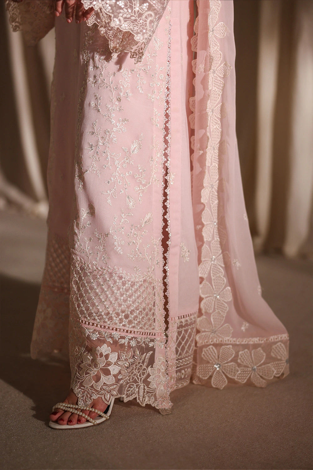 Azure Twirling Tulip Embroidered Chiffon - Peach 3pc (Replica)