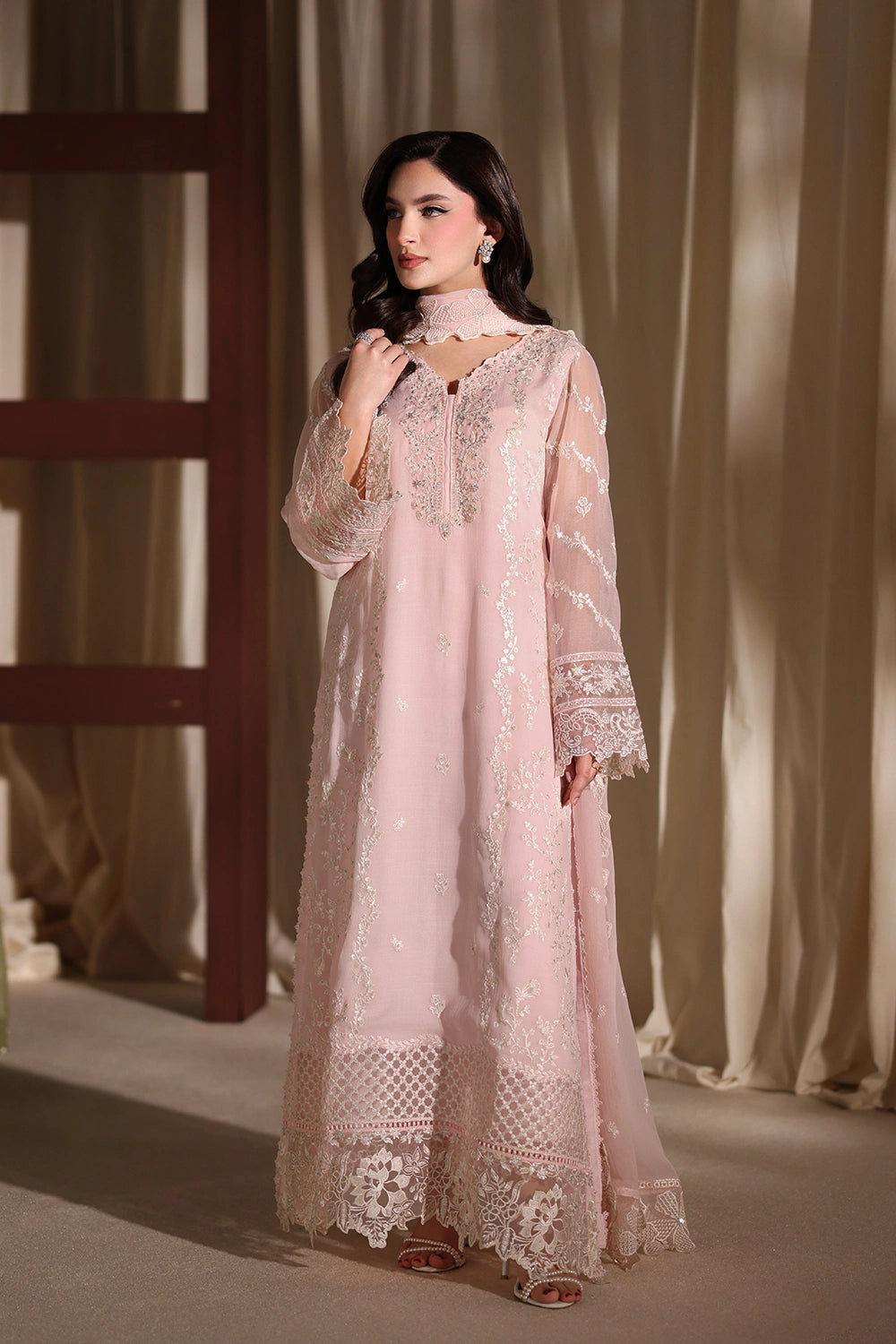 Azure Twirling Tulip Embroidered Chiffon - Peach 3pc (Replica)