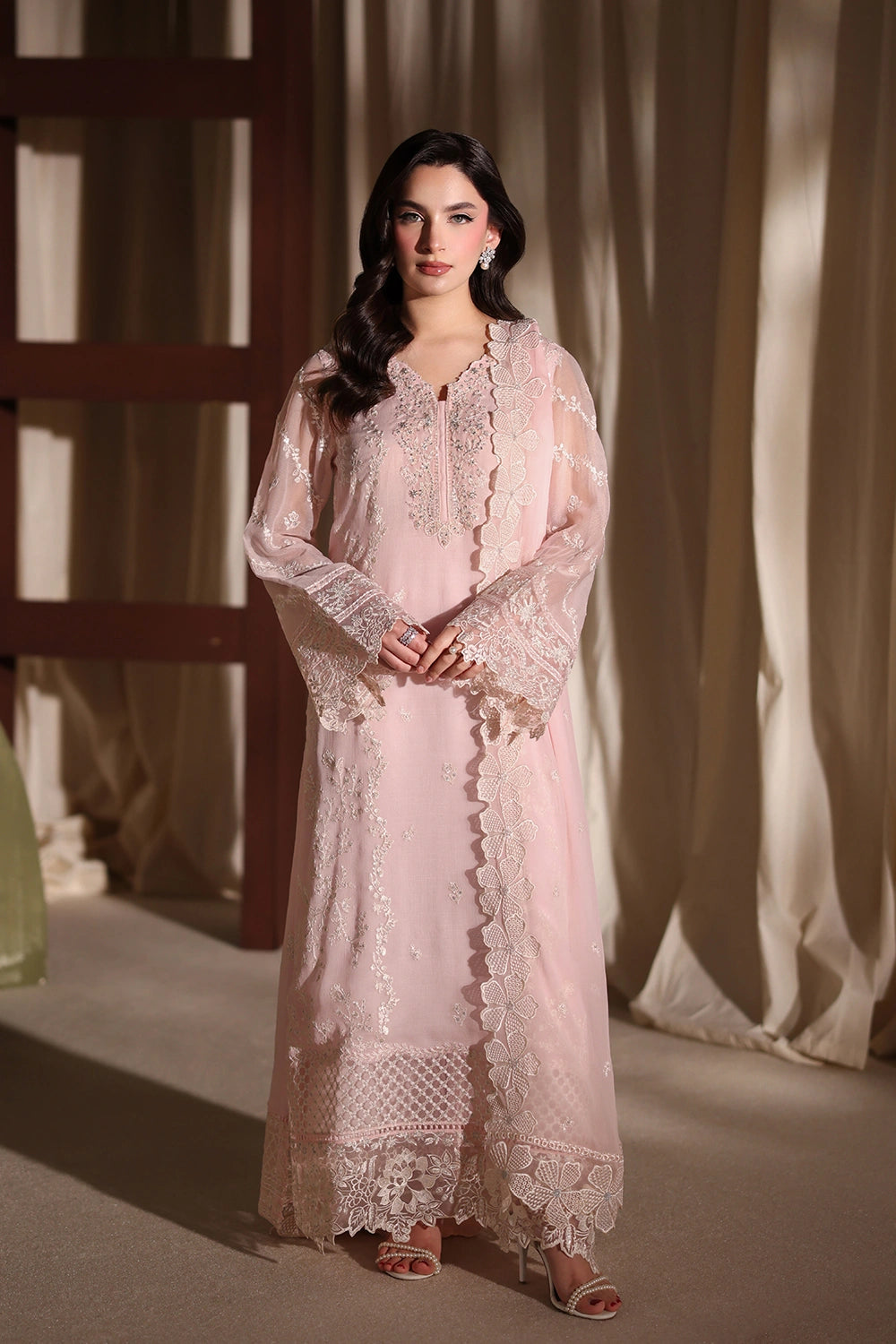 Azure Twirling Tulip Embroidered Chiffon - Peach 3pc (Replica)