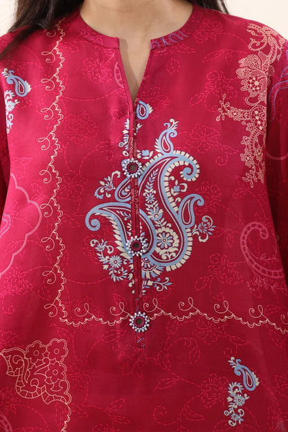 shot of the Saya Printed Lawn Suit Magenta Pink