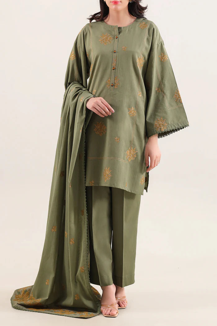 Sage Green Saya Cotton Jacquard 3pc suit worn by model showcasing luxury unstitched tailoring.