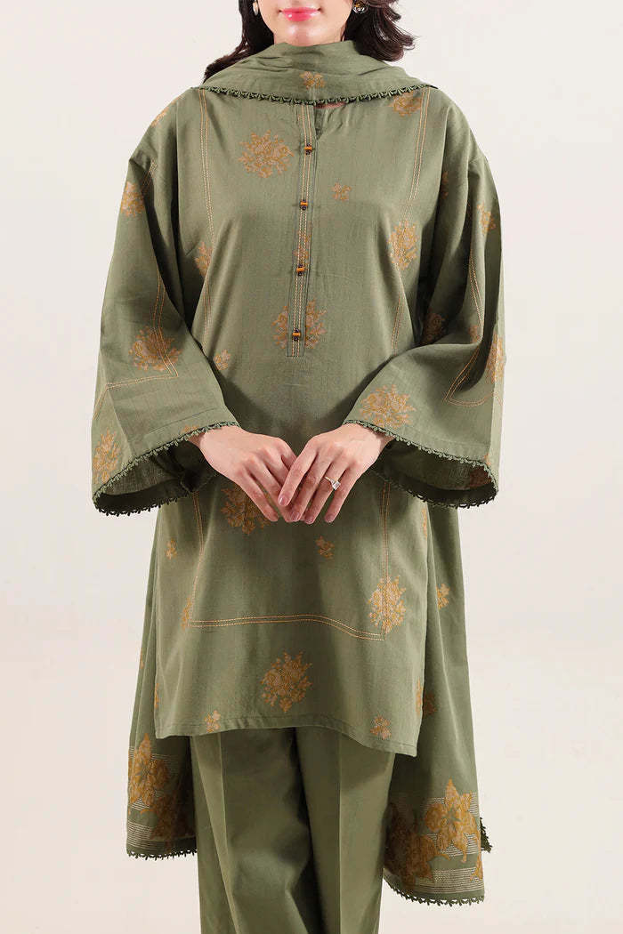 Sage Green Saya Cotton Jacquard 3pc suit worn by model showcasing luxury unstitched tailoring.