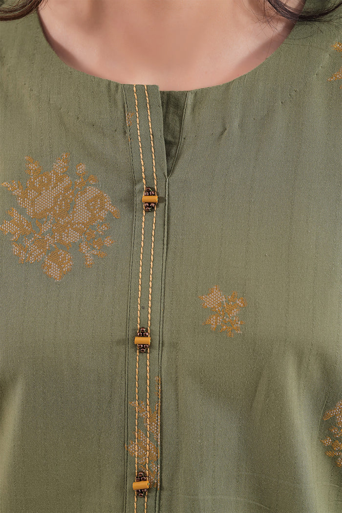 Sage Green Saya Cotton Jacquard 3pc suit worn by model showcasing luxury unstitched tailoring.