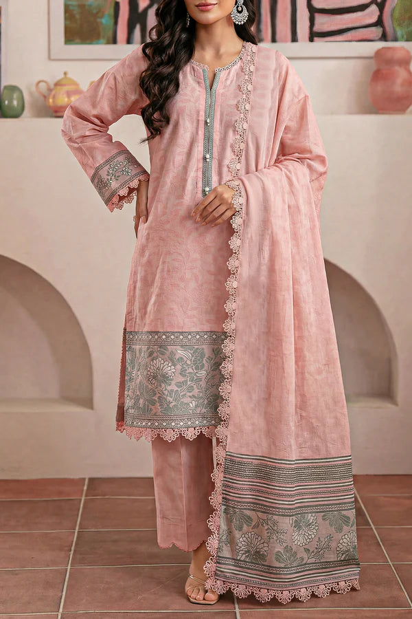Peach Saya Cotton Jacquard 3pc suit worn by model showcasing luxury unstitched tailoring.