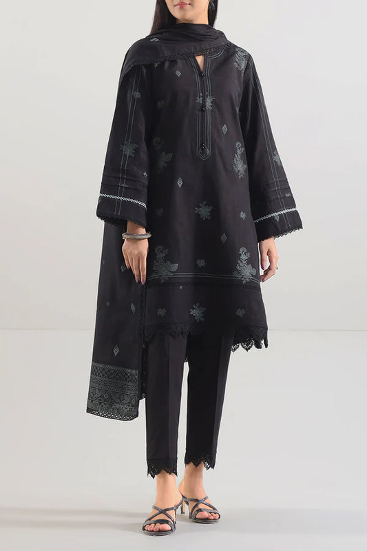 Black Saya Cotton Jacquard 3pc suit worn by model showcasing luxury unstitched tailoring.