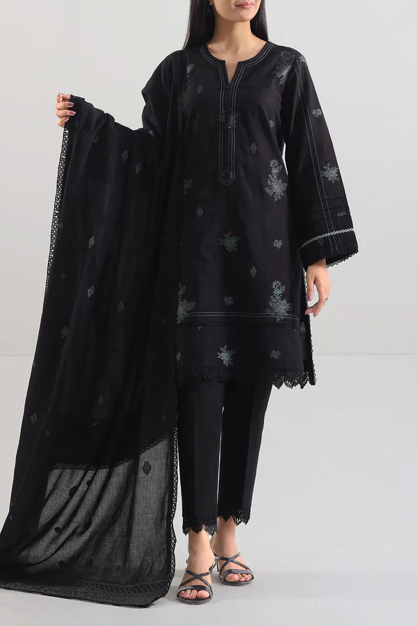 Black Saya Cotton Jacquard 3pc suit worn by model showcasing luxury unstitched tailoring.