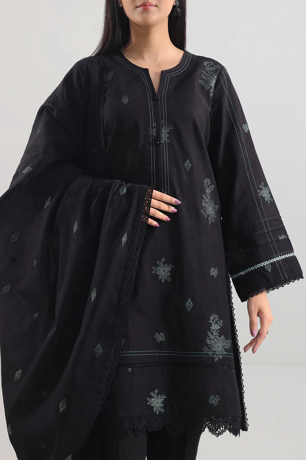 Black Saya Cotton Jacquard 3pc suit worn by model showcasing luxury unstitched tailoring.