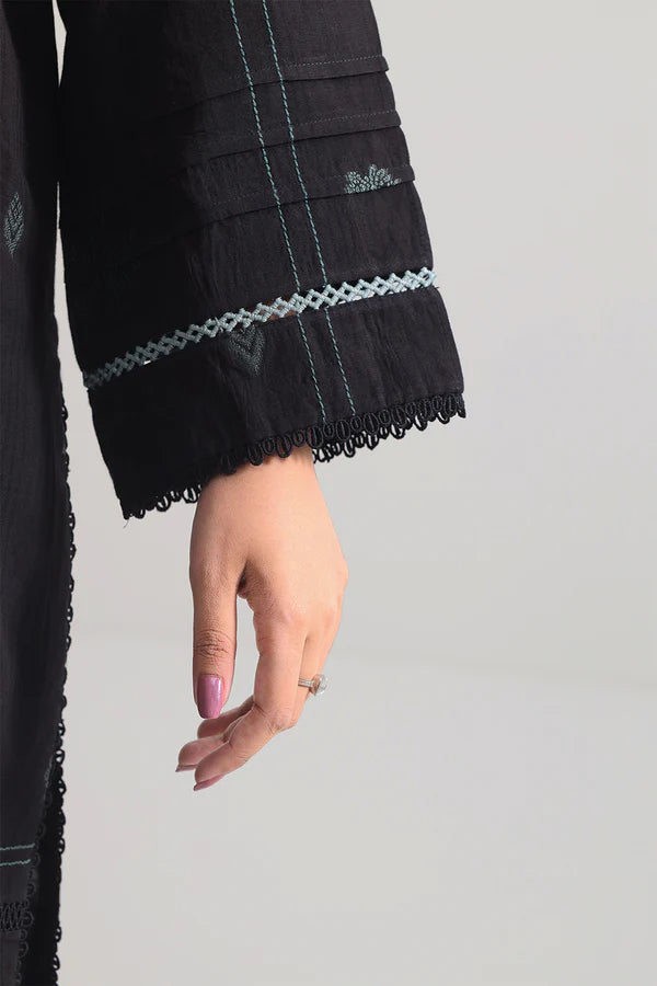 Black Saya Cotton Jacquard 3pc suit worn by model showcasing luxury unstitched tailoring.