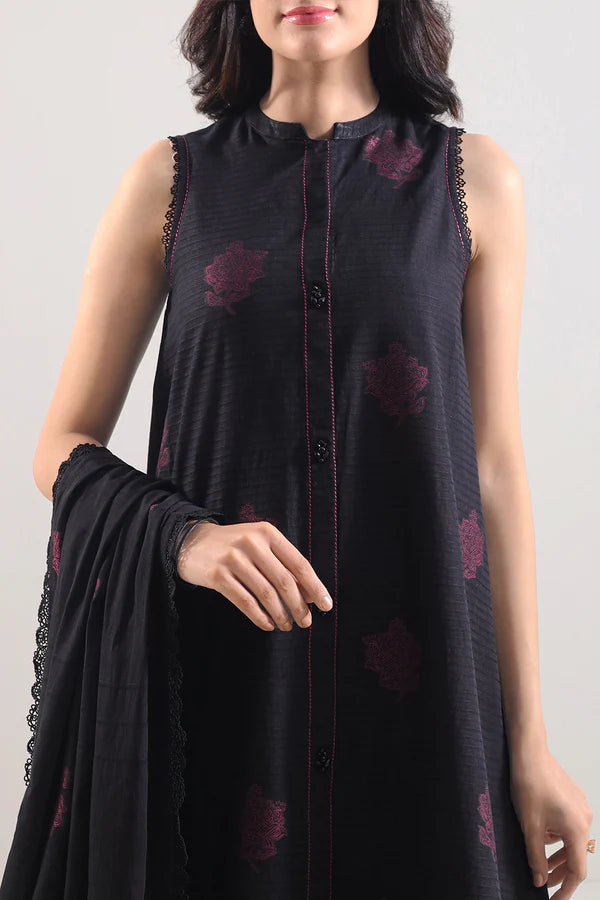 Black Saya Cotton Jacquard 3pc suit worn by model showcasing luxury unstitched tailoring.