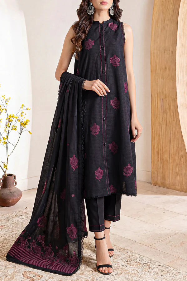 Black Saya Cotton Jacquard 3pc suit worn by model showcasing luxury unstitched tailoring.