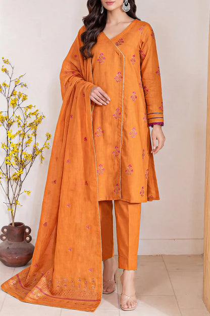 Rust Saya Cotton Jacquard 3pc suit worn by model showcasing luxury unstitched tailoring.