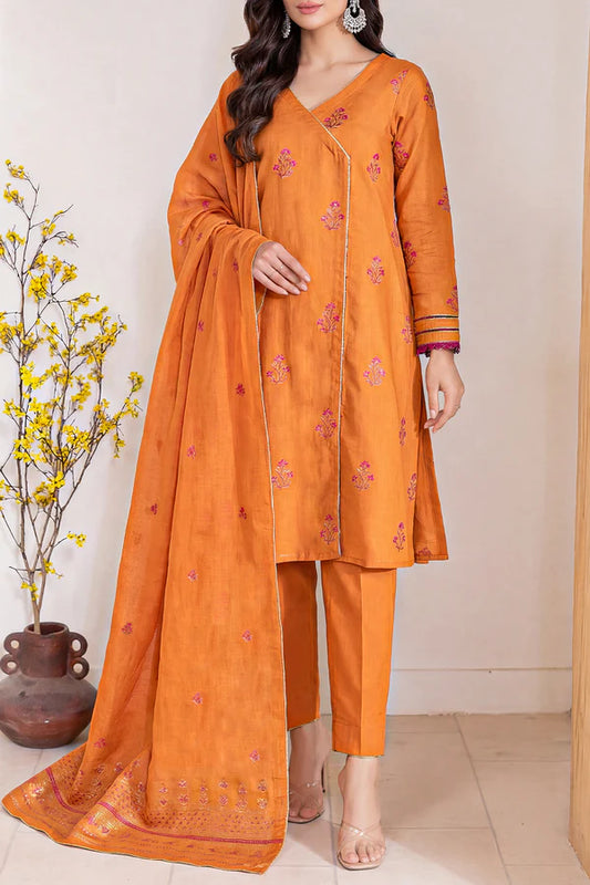 Rust Saya Cotton Jacquard 3pc suit worn by model showcasing luxury unstitched tailoring.