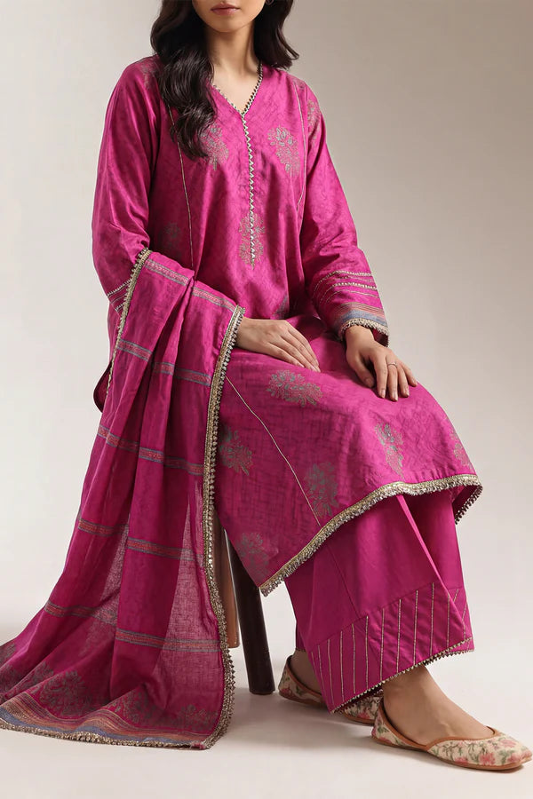 Saya Cotton Jacquard 3pc in magenta color, featuring elegant design and premium fabric.