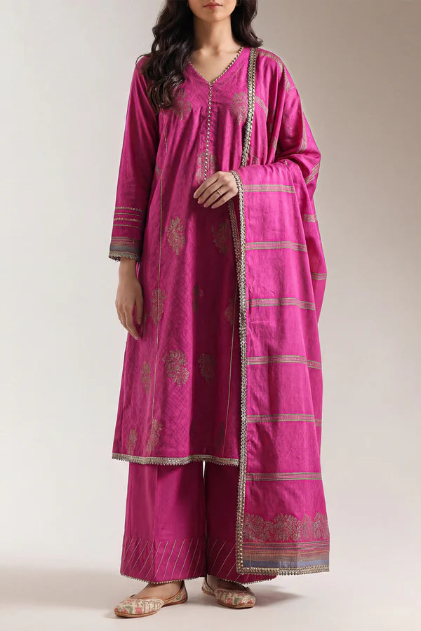 Saya Cotton Jacquard 3pc - Magenta, featuring a vibrant magenta outfit with intricate designs and elegant styling.