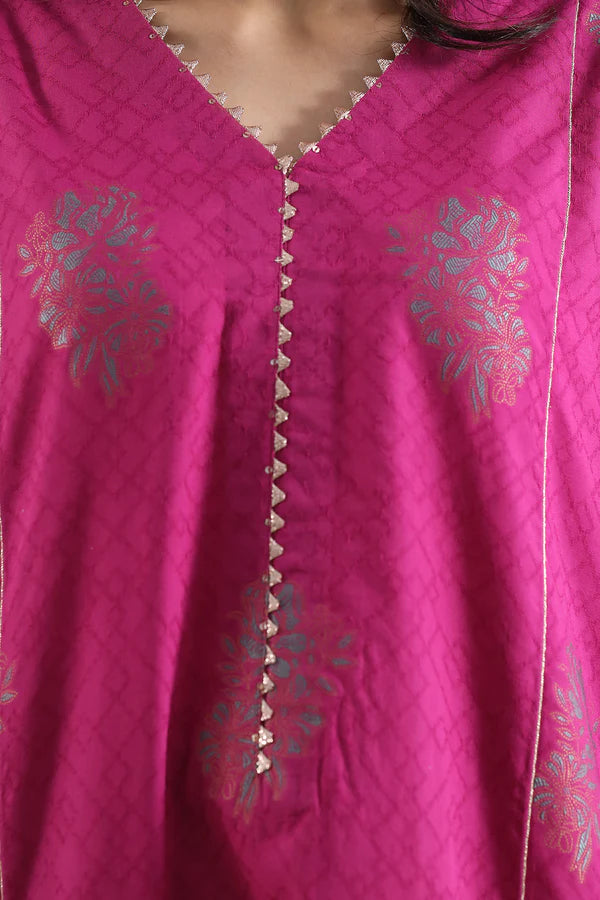 Saya Cotton Jacquard 3pc in vibrant magenta featuring intricate embroidery and a stylish neckline.
