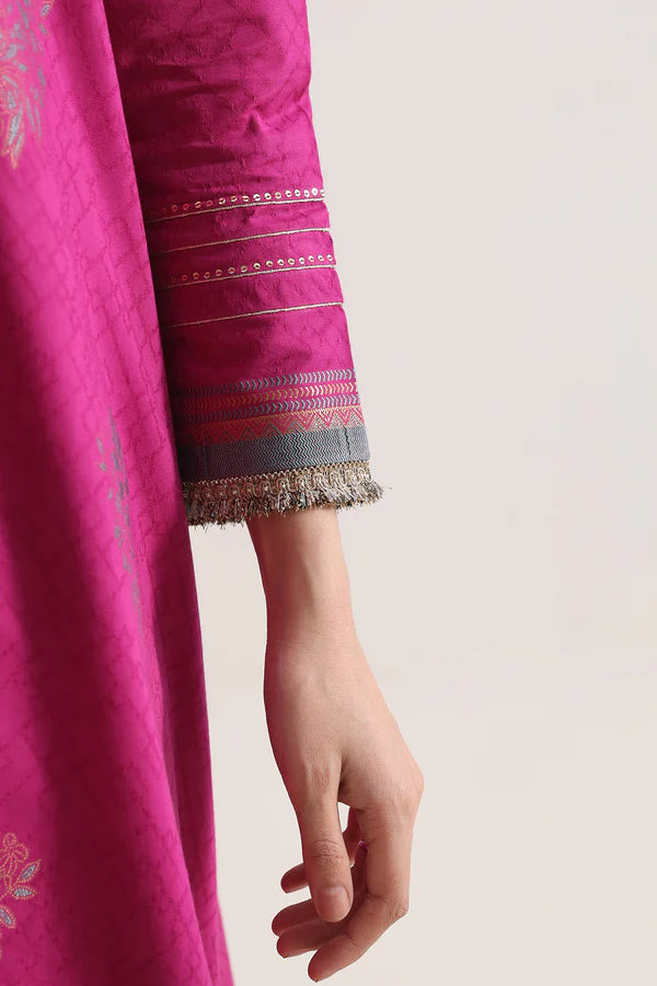 Close-up of the sleeve detail of Saya Cotton Jacquard 3pc in Magenta, featuring intricate embroidery and embellishments.
