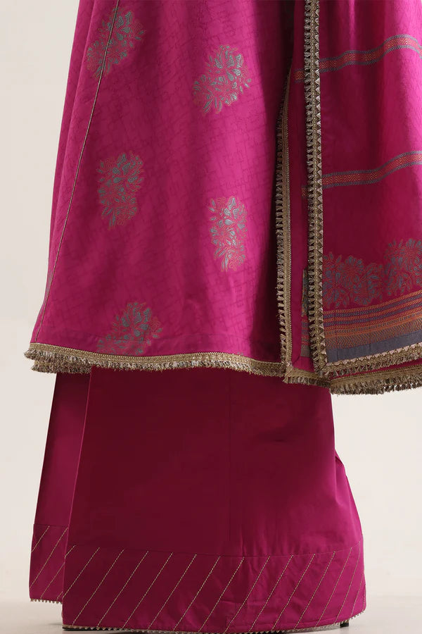 Saya Cotton Jacquard 3pc in vibrant magenta with intricate gold detailing and elegant design.